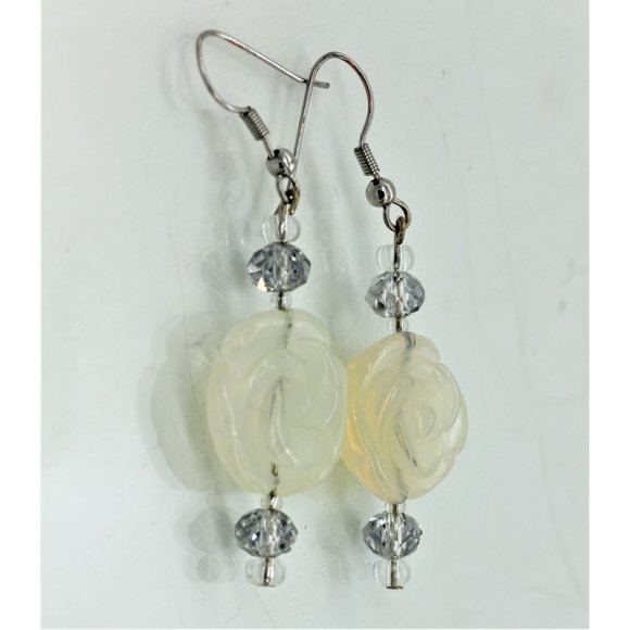 925 STERLING MOONSTONE carved rose earrings, 2" - Picture 2 of 6